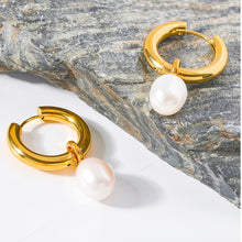 Load image into Gallery viewer, Pearl Charm Hoop Earrings | 18k Gold Plated
