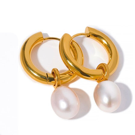 Pearl Charm Hoop Earrings | 18k Gold Plated
