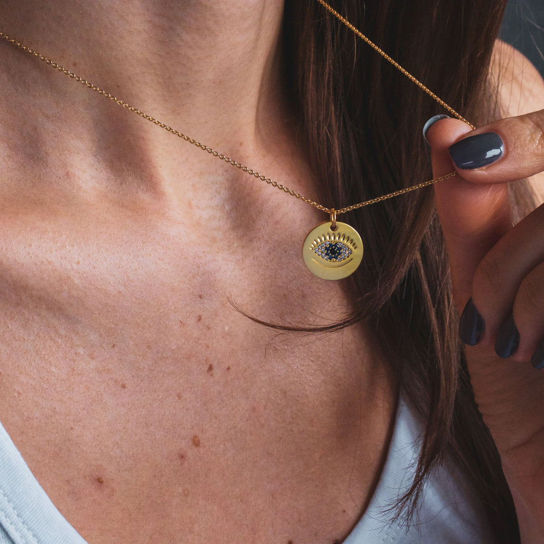 EVIL EYE DOUBLE SIDE NECKLACE WITH CUBIC ZIRCONIA | 18K GOLD PLATED