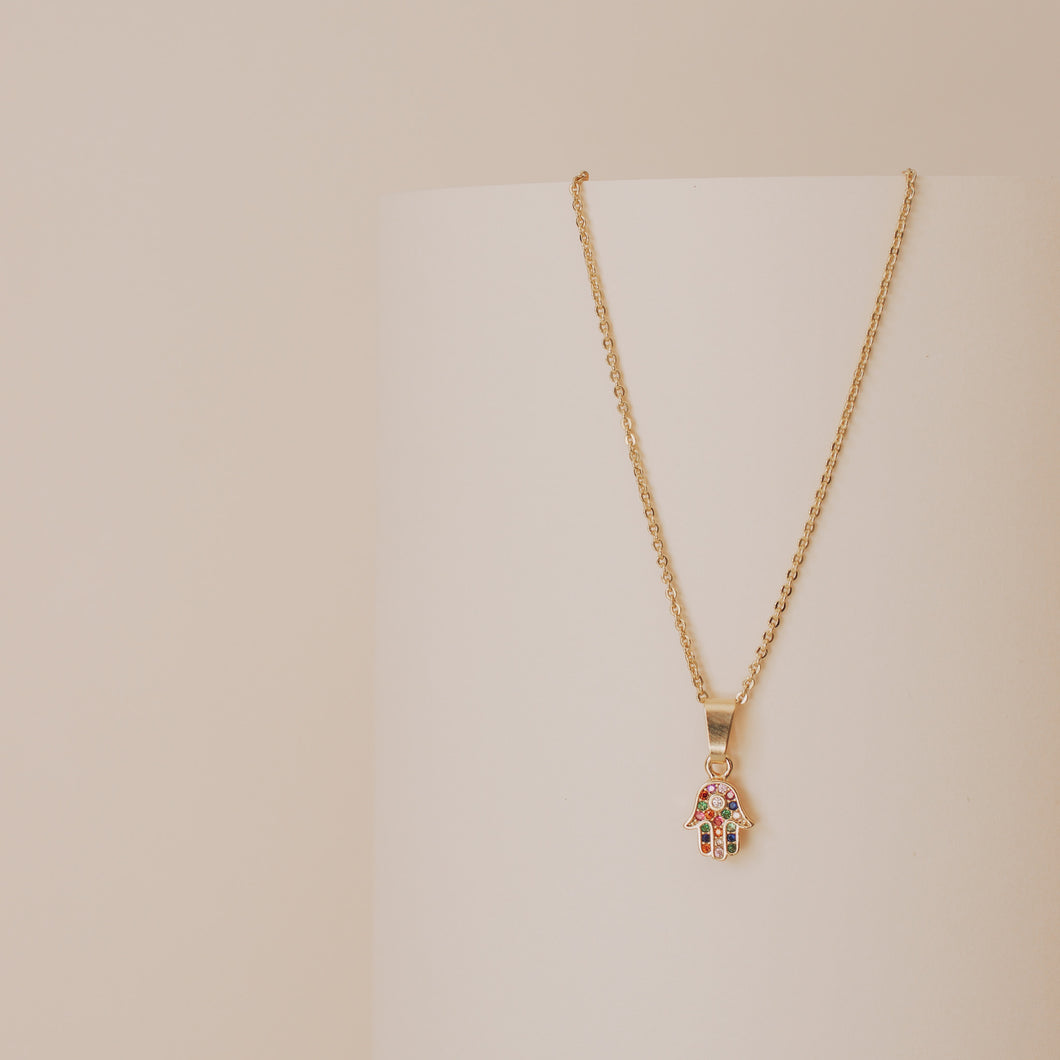 DAINTY HAMSA HAND NECKLACE WITH CUBIC ZIRCONIA | 18K GOLD PLATED