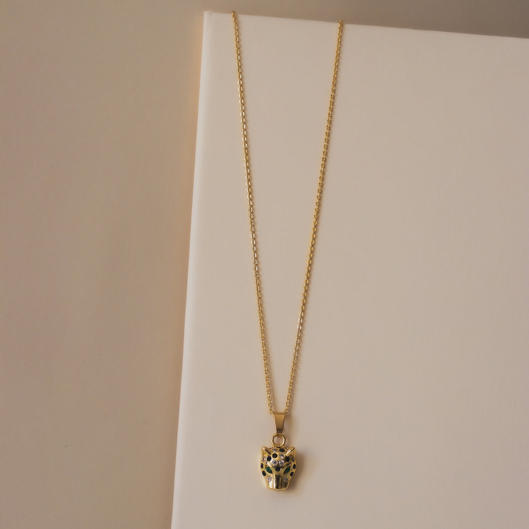 LEOPARD HEAD PENDANT NECKLACE WITH CUBIC ZIRCONIA | 18K GOLD PLATED